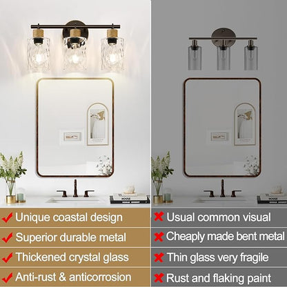 Bathroom Light Fixtures, 3-Light Coastal Vanity Lights with Crystal Glass Shade, Oil-Rubbed Bronze Bathroom Wall Lamp for Mirror Kitchen Hallway Cabinet