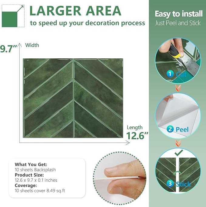 STICKGOO Herringbone Peel and Stick Backsplash, Green, 10 Sheets | 12.6 x 9.7 in, Thicker Rectangular Vinyl Stick-On Wall Tiles, Easy Alignment, Waterproof, Easy to Clean, Kitchen/Bathroom