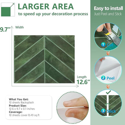 STICKGOO Herringbone Peel and Stick Backsplash, Green, 10 Sheets | 12.6 x 9.7 in, Thicker Rectangular Vinyl Stick-On Wall Tiles, Easy Alignment, Waterproof, Easy to Clean, Kitchen/Bathroom