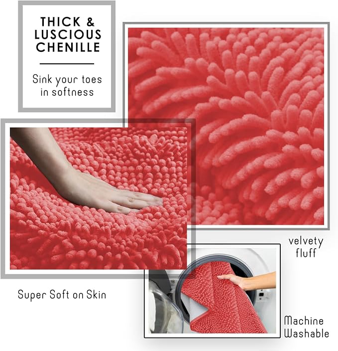 Hearth & Harbor Bathroom Rugs, Chenille Bath Mat - Machine Washable Bath Mats for Bathroom Non-Slip Backing Rubber, Quick Dry Bathroom Mat - Rose Bath Rug, 17x24