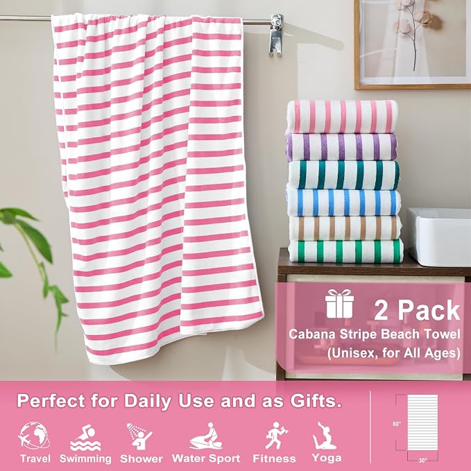 JML Microfiber Bath Towels Set, 2 Pack, 30" x 60", Stripe Pink | Hanging Loop, Soft, Absorbent, Quick Dry, Lint-free, No Fading BeachTowel for Summer Swimming Pool Party