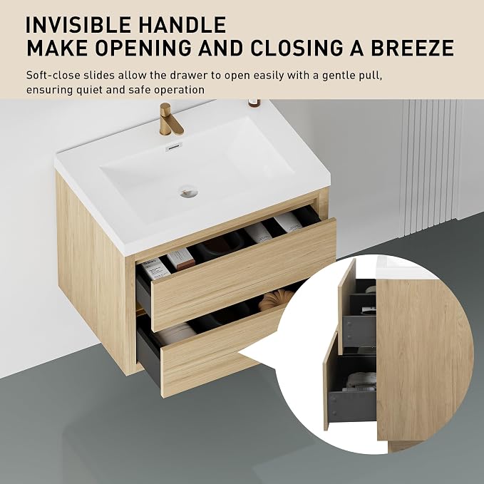 30" Floating Bathroom Vanity with Sink, Wall-Mounted Bathroom Storage Vanity Cabinet with Resin Top Basin and Soft Close Drawers, Fully Assembled, Natural Oak