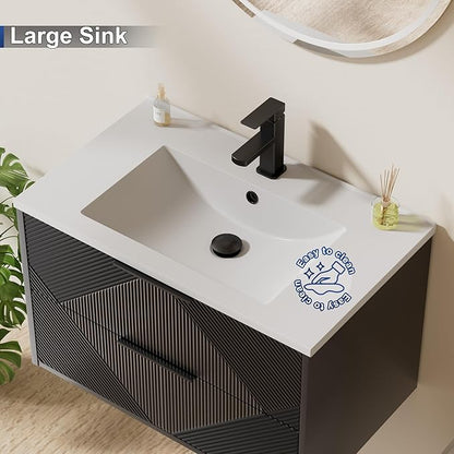 LUCKWIND 30" Floating Bathroom Vanity with Sink Combo, Wall Mounted Floating Cabinet with 2 Large Soft-Close Drawers & Water Saving Faucet, Geometric Textured Design in Black