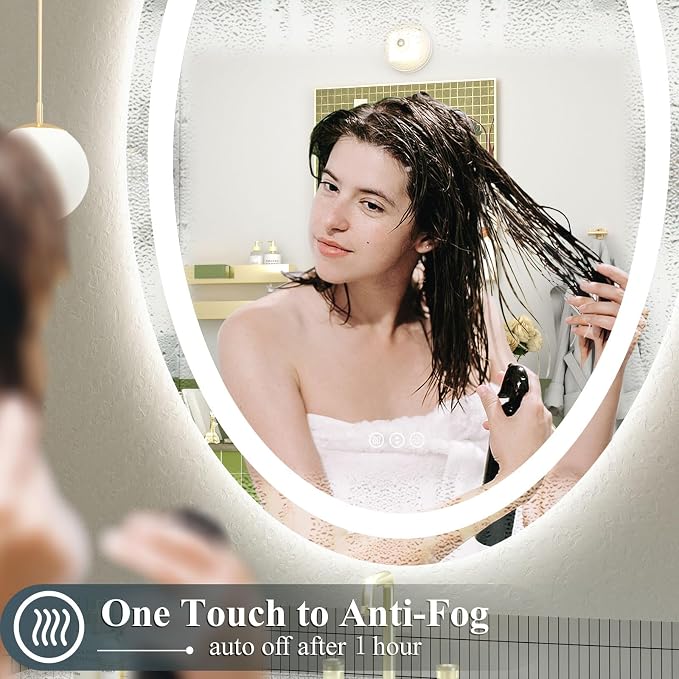 OKPAL Oval LED Mirror for Bathoom 40X24, Oval Bathroom Mirror with Lights, Dimmiable Lighted Vanity Mirror, Anti-Fog, Shatter-Proof, Memory, 3 Colors (Front Lights + Backlit)