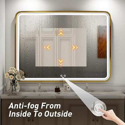40x30 Inch Gold Frame LED Bathroom Mirror,ETL Listed | Anti-Fog,3 Color 3000K/4500K/6000K Dimmable,Horizontal & Vertical,Wall Mounted,Memory Function