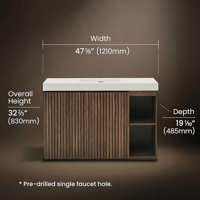 48" Bathroom Vanity with Sink Combo, Mid Century Modern Bathroom Cabinet with Doors & Open Shelf, Glossy White Integrated Sink with Overflow, Brown Walnut
