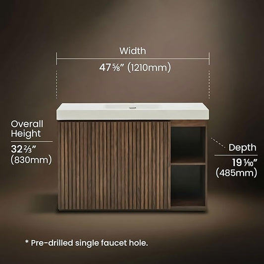 48" Bathroom Vanity with Sink Combo, Mid Century Modern Bathroom Cabinet with Doors & Open Shelf, Glossy White Integrated Sink with Overflow, Brown Walnut