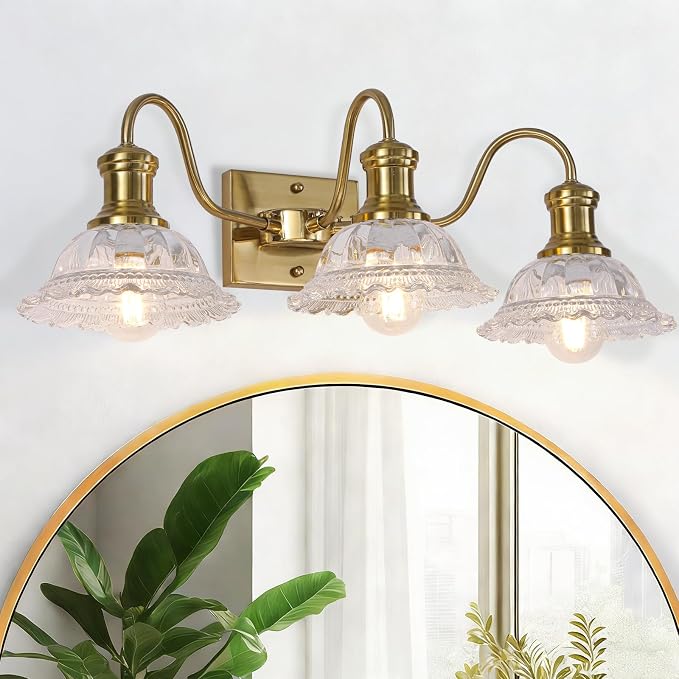 Champagne Gold Vanity Lights, 3-Light Bathroom Light Fixtures with Clear Glass Shade, Vintage Vanity Lights Over Mirror, Farmhouse Wall Light for Bathroom, Vanity Table, Bedroom, Hallway