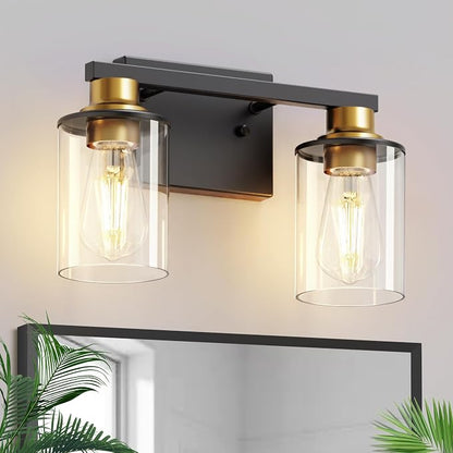 L LOHAS LED 2-Light Bathroom Vanity Light, Black and Gold | Clear Glass Shades; Black and Gold Bathroom Light Fixture; ETL Listed
