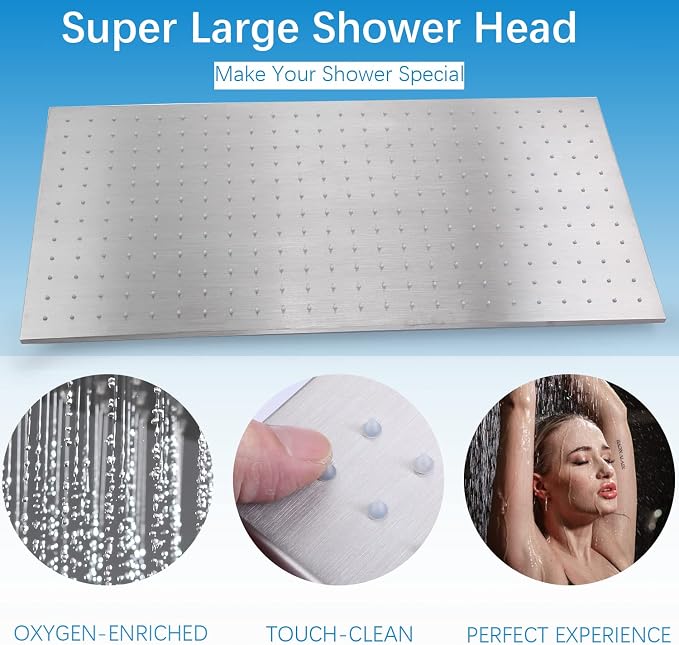 16X32 Inch Ceiling Mount Large Rainfall Shower System Thermostatic Multi Jet Shower Faucet System Luxury Massage Shower Fixtures Set with 6 Body Spray Jets, Run All at the Same Time (Brushed Nickel)