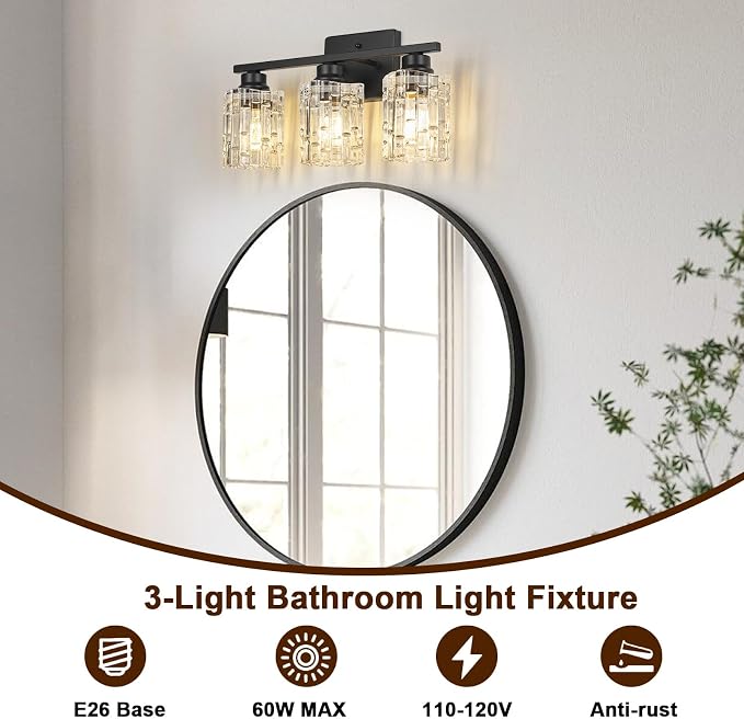 Refice 3-Light Bathroom Vanity Lights Crystal Glass, Black | Bathroom Light Fixtures Vanity Lighting Over Mirror for Living Room Farmhouse, Hallway