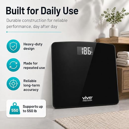Vive Smart Body Weight Scale (550lbs Capacity) - Heavy Duty Bariatric Digital Scale for BMI - Plus Size, Large Display - Bathroom Device for Health Extra Wide Base & Smartphone Connectivity
