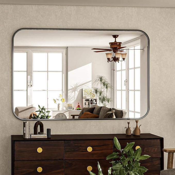 30x48 Inch Black Bathroom Vanity Mirror for Over Sink | Rectangle Wall Mirror for Bathroom with Round Corner, Hangs Horizontally Vertically for Living Room, Bedroom as Home Decor