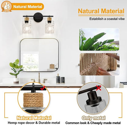 Bathroom Light Fixtures, 2-Light Coastal Vanity Lights with Crystal Glass Shade, Black Bathroom Wall Lamp for Mirror Kitchen Hallway Cabinet