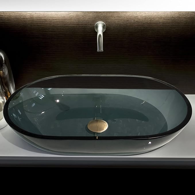 Glass Vessel Sink In Gray Top Mount Sinks | Vanity Countertop Sink Oval with Pop Up Drain |WF-704