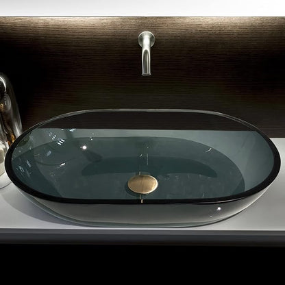 Glass Vessel Sink In Gray Top Mount Sinks | Vanity Countertop Sink Oval with Pop Up Drain |WF-704