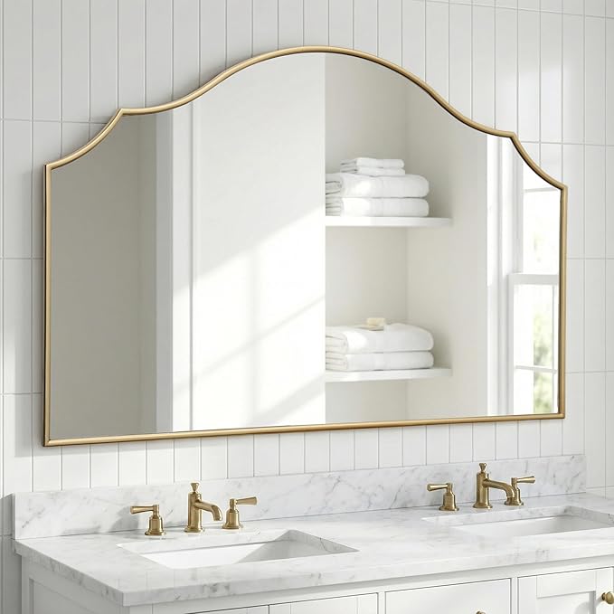 Besdomus Gold Scalloped Wall Mirror: 47"x31" Large Wooden Fireplace Mirror | Modern Minimalist Decorative Arched Mirror for Vanity/Dresser/Bedroom/Entryway/Bathroom/Living Room/Dining Room/Over Sink