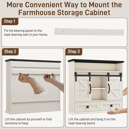 Vabches Bathroom Wall Cabinet, Farmhouse Medicine Cabinet with Double Sliding Barn Door and Storage Drawer, Wooden Vintage Storage Cabinet Wall Mounted for Bathroom, Kitchen, Rustic White and Black