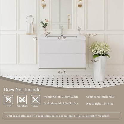 Floating Bathroom Vanity with Sink, 36" Wall-Mounted Bathroom Vanity | Resin Top Basin and Soft Close Drawers, No Assembly Required, Glossy White