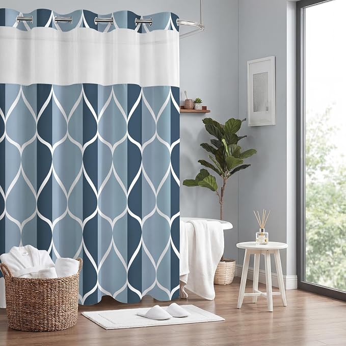 Gelbchu Aegean Blue No Hook Shower Curtain with Snap-in Liner, 71 x 80 Inch | Built-In Hooks, Mesh Top Window, Water-Repellent, Machine Washable, Quick Drying, Premium Polyester, Hotel Style, Modern