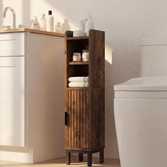 Small Bathroom Storage Cabinet, Corner Narrow Toilet Paper Floor Cabinet with Door and Shelves,Bathroom Organizer with Adjustable Shelf, for Small Spaces (Rustic Brown, 4-Tier)