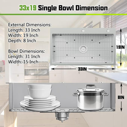 33x19 Inch Drop-in Kitchen Sink, Stainless Steel, Single Bowl | Modern Topmount Kitchen Sink Combo, Include SS Grid,Silicon Mat,Drain Strainer Set, Compatibility With Various Kitchen Style