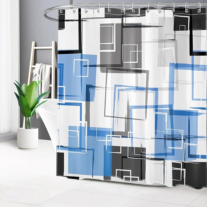 Blue Geometric Abstract Shower Curtain with Hooks Blue and Gray Neutral Design Geometric Fabric Shower Curtain Grey Fashion Mid Century Modern Bathroom Curtains Shower Set, 78Lx72W inches