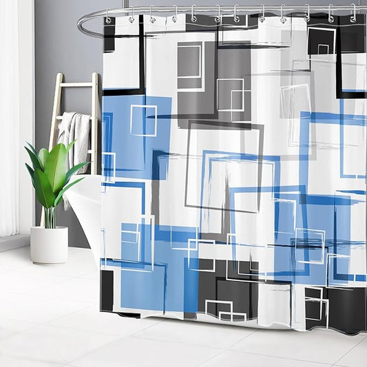 Blue Geometric Abstract Shower Curtain with Hooks Blue and Gray Neutral Design Geometric Fabric Shower Curtain Grey Fashion Mid Century Modern Bathroom Curtains Shower Set, 78Lx72W inches