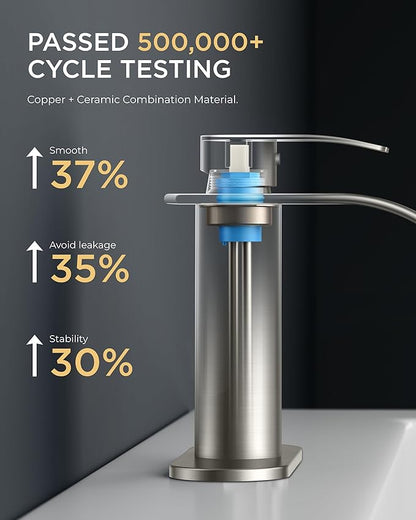FORIOUS Waterfall Bathroom Faucet 1 Hole, Brushed Nickel Single Handle Bathroom Sink Faucets for 1 or 3 Hole with Deck Plate, Metal Pop up Drain, cUPC Hoses for Vanity, Basin, Rv, Lavatory Sink