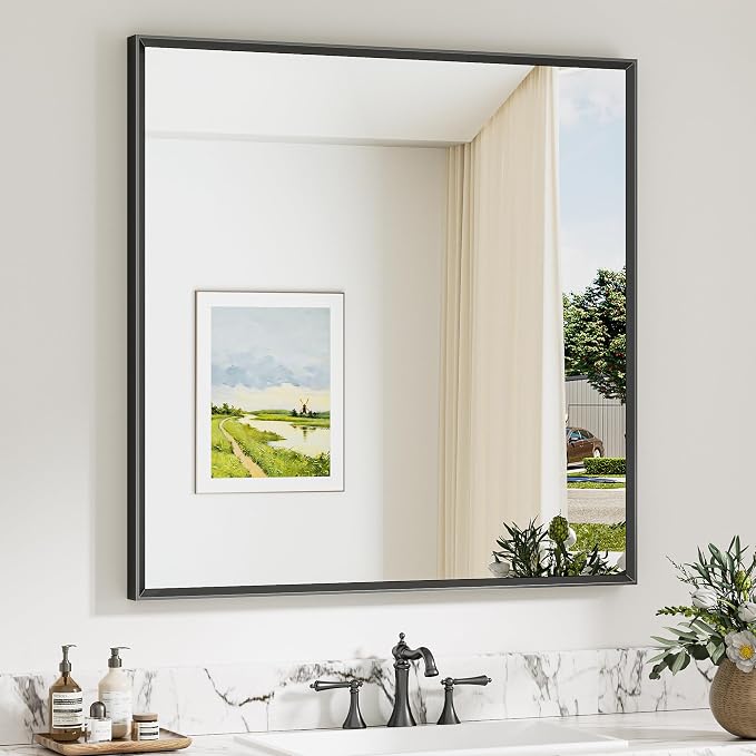 Keonjinn 36" x 36" Matte Black Framed Mirrors for Bathroom Sink, Anti Rust | Square Rectangular Mirror for Wall, Beveled Frame Design, Rustic Bathroom Vanity Mirror, Tempered Glass, Farmhouse Style