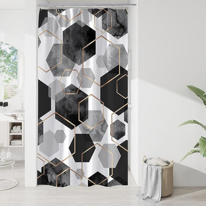 Litabel Small Stall Shower Curtain Set, Geometric Bathroom Decor 36x72 | Narrow Half Modern Minimalist Shower Curtais, Black Geometric Art Print Abstract Waterproof Bath Curtain