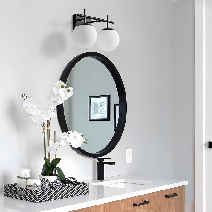 AIJIASI Black Bathroom Light Fixture Over Mirror, 2-Lights Vanity Lights with Milky White Frosted Glass Shade Mid Century Farmhouse Light Fixtures for Bathroom Above Mirror (Exclude E26 Bulb)