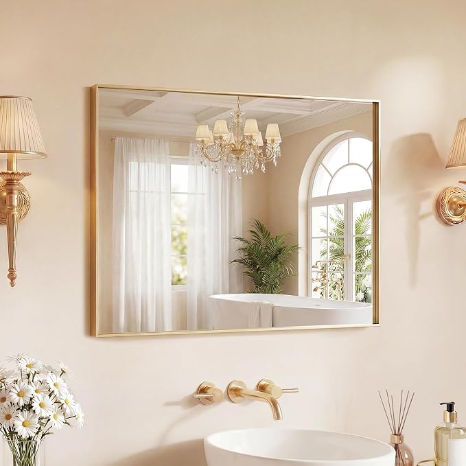 Sweetcrispy Bathroom Mirrors for Over Sink, 22" x 30" Rectangle Wall Mirror | Rectangle Mirros for Bathroom Sink, Metal Frame Tempered Glass,Home Decor, Anti-Rust Hang, Gold