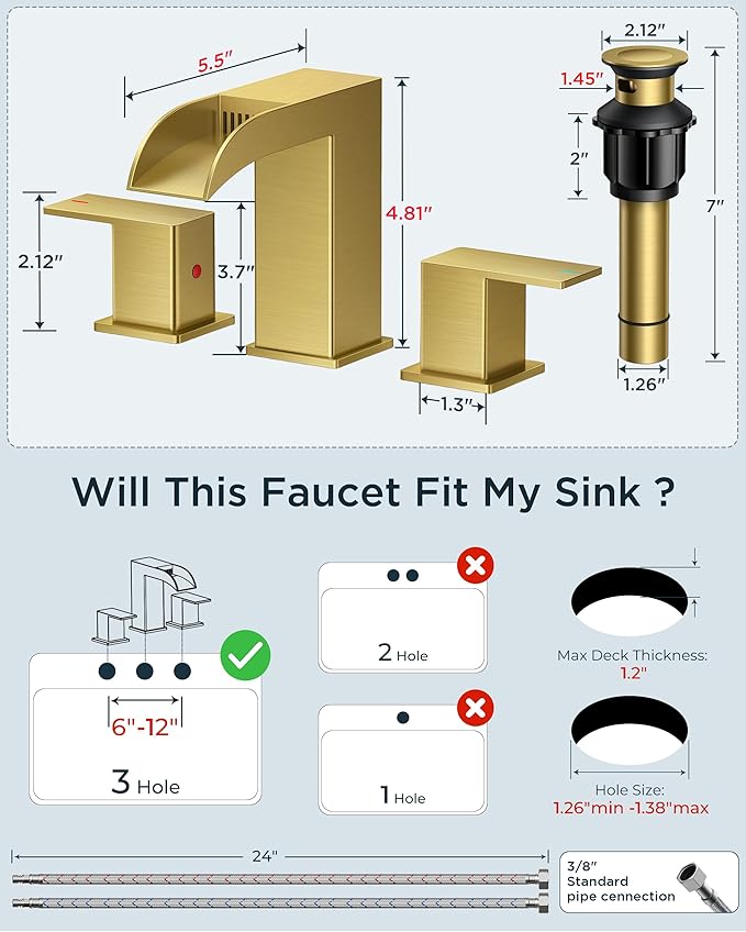 FORIOUS Square Brushed Gold Bathroom Faucets 3 Hole, Waterfall 8 Inch Widespread Bathroom Sink Faucet with Metal Pop-up Drain and Supply Lines, Two Handles for Vanity, Lavatory, Restroom