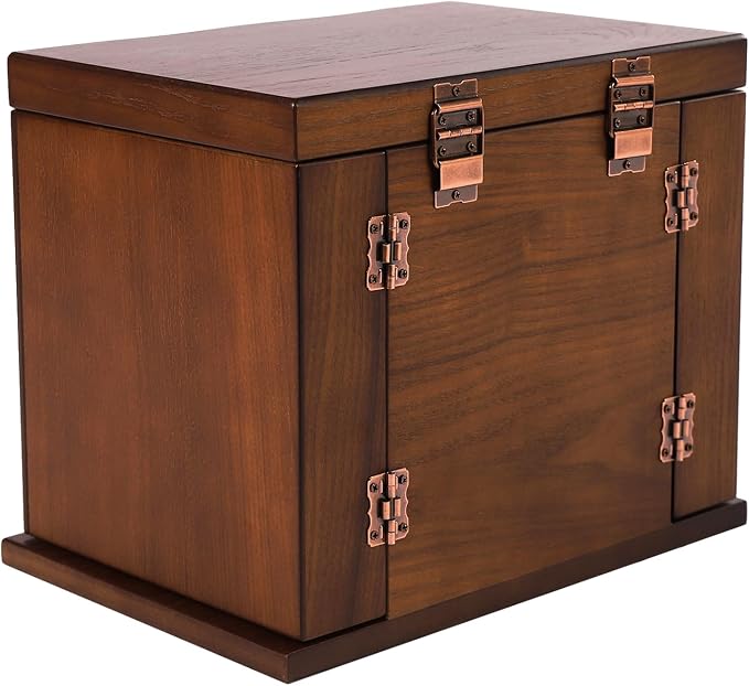 Wood Jewelry Box with 4 Drawers, Desktop Jewelry Organizer with Built-in Mirror & Combo Lock, Large Jewelry Storage Display Case for Necklace Ring Bracelet Watch, Brown