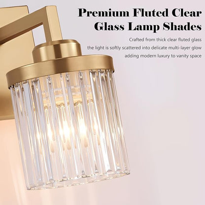Modern 4-Light Gold Vanity Lights, Crystal Glass Bathroom Fixtures | Brushed Gold Finish, Rust-resistant Metal, Industrial Design, E26 Compatible, Over Mirror Wall Light for Bathroom Restroom