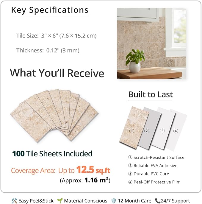 StyloVue 100 Pieces Peel and Stick Backsplash for Kitchen, 3" x 6" PVC Subway Tile, 2026 Upgraded Classic Travertine Beige, Stick on Tile for Kitchen, Fireplace, RV