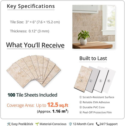 StyloVue 100 Pieces Peel and Stick Backsplash for Kitchen, 3" x 6" PVC Subway Tile, 2026 Upgraded Classic Travertine Beige, Stick on Tile for Kitchen, Fireplace, RV