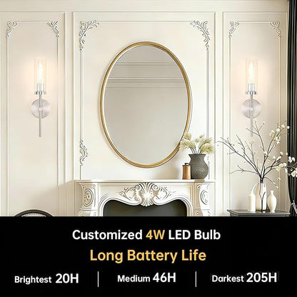 Shenmoyl Battery Operated Wall Sconces Set of 2, Nickel Rechargeable Wall Lighting Fixtures, Dimmable Wall Lights with Remote & Clear Glass Shade for Living Room, Bathroom,Bedroom