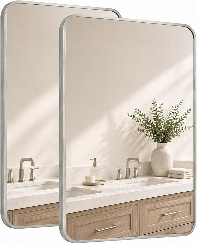 2-Pack 24x36 Inch Brushed Nickel Rounded Rectangle Vanity Mirrors | Double Vanity or Two Bathrooms, Pair or Separate Use, Aluminum Frame, Slim Front Profile, Two-Way Mount
