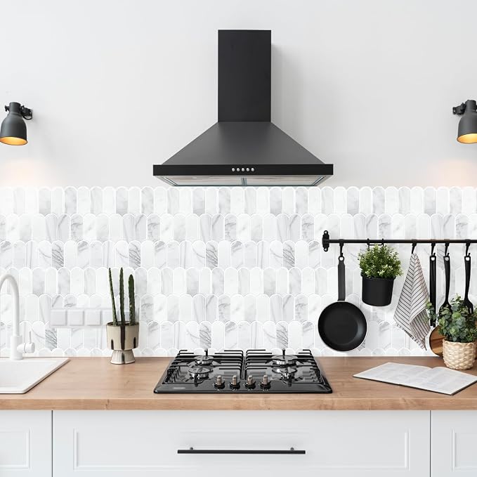 Vamos Tile Peel and Stick Backsplash,Thicker Design, Statuary White,10 pcs | Self Adhesive Vinyl Wall Tiles with White Grout, Stick on Backsplash for Kitchen, Bathroom, RV