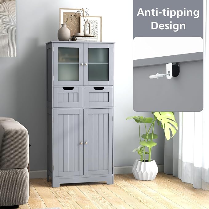 Giantex Bathroom Floor Storage Cabinet - Freestanding Cabinet with 2 Glass Doors, 2 Drawers & Adjustable Shelves, Multifunctional 50.5” Tall Storage Organizer Cupboard for Kitchen, Living Room (Gray)