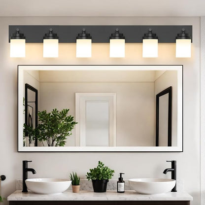 IZORRO Bathroom Vanity Light Fixture, 6-Light 46 Inch Matte Black Bathroom Light Fixtures Over Mirror, with White Glass Shade, Modern Farmhouse Vanity Lights, Rustic Restroom Lighting Fixtures