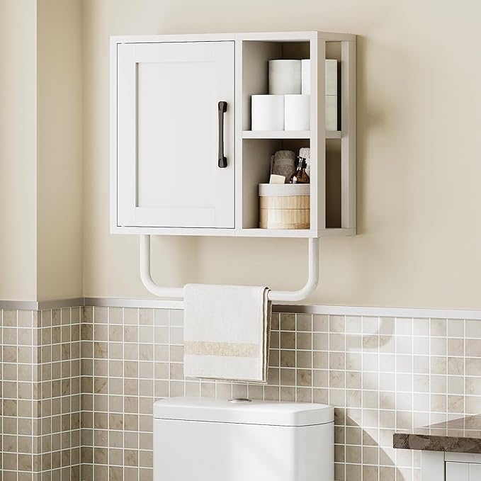 Medicine Cabinet, Bathroom Wall Cabinet with Towel Bar, Over The Toilet Storage Cabinet with Adjustable Shelf and Open Partition, for Bathroom, Laundry Room, Living Room, Kitchen, White
