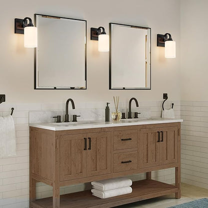1-Light Milk Glass Wall Sconces, Farmhouse Vanity Light Fixtures for Bathroom, Black and Wood Wall Lighting, Wall Sconce for Hallway, Entryway, Bedroom, Living Room