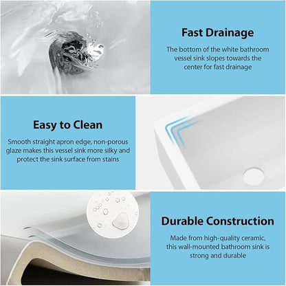 Wallmounted Bathroom Vessel Sink - 18"x10" Rectangular Floating Wall Hung Sinks Ceramic Wash Hand Basin White Wall Mount Vanity Sink for Small Bathroom