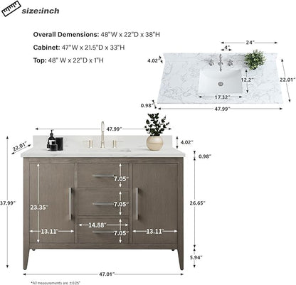 HomeBeyond 48 Inch Bathroom Vanity with Sink & Ceramic Top, Single Vanity Cabinet with Basin, Soft-Closing Doors & Matte Black Hardware, Driftwood Gray