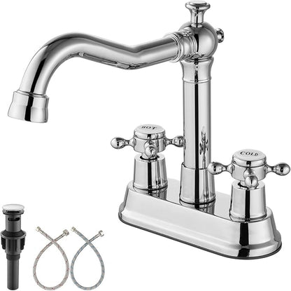 Aolemi 4 Inch Centerset Bathroom Sink Faucet Vintage 2 Cross Handle RV Mixer Tap Basin Vanity Lavatory Utility for Sink 3 Hole Include Hoses Pop Up Drain Faucet Handle with Label Polish Chrome
