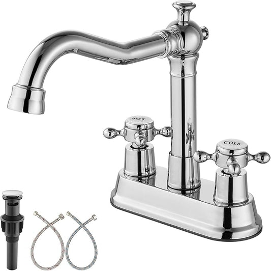 Aolemi 4 Inch Centerset Bathroom Sink Faucet Vintage 2 Cross Handle RV Mixer Tap Basin Vanity Lavatory Utility for Sink 3 Hole Include Hoses Pop Up Drain Faucet Handle with Label Polish Chrome