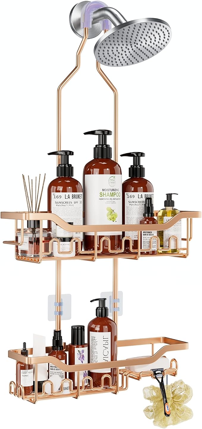 Upgraded Extended Length Shower Organizer with Hooks, Rustproof Shampoo Soap Holder, Large Hanging Bathroom Caddy, Rose Gold